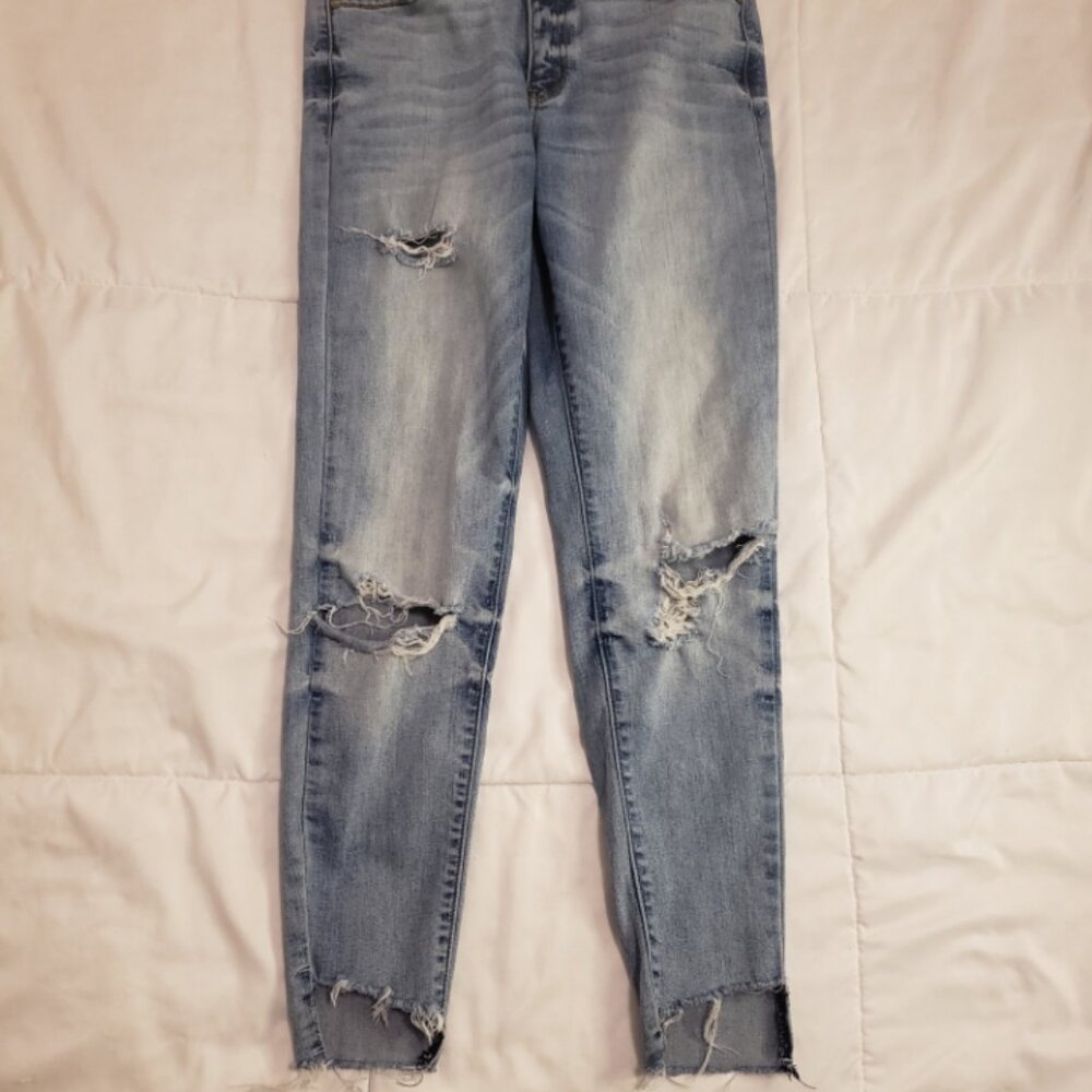 Women's KanCan Skinny Jeans Size 5 26 Ripped Asymmetric Distressed Mid Rise